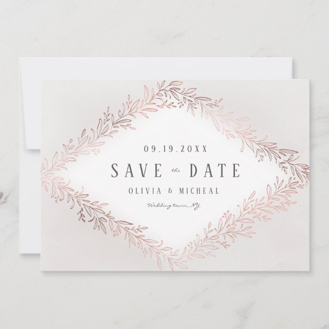 Elegant gilded rose gold botanical save the date (Front)