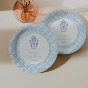 Elegant Ginger Jar Blue Bow Boy Baby Shower Party Paper Plate