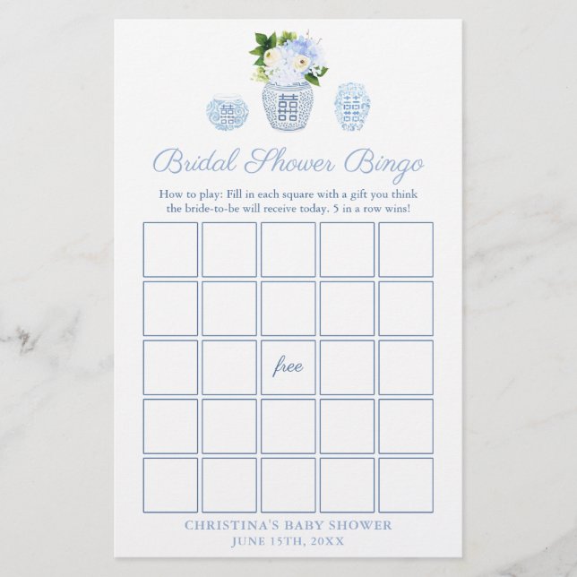 Elegant Ginger Jar Bridal Shower Bingo Game Card (Front)