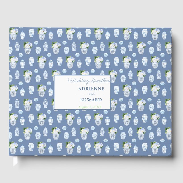 Elegant Ginger Jars Blue And White Wedding Guest Book (Front)