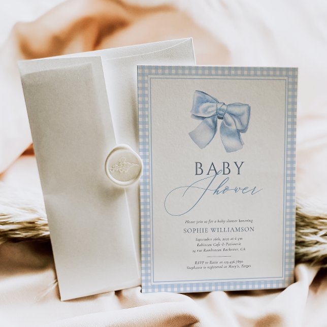 Elegant Gingham Blue Coquette Bow Baby Shower Invitation (Creator Uploaded)
