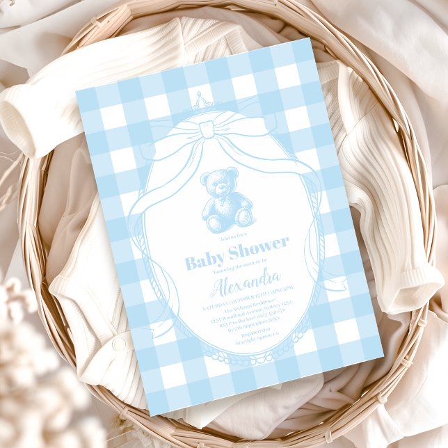 Elegant Gingham French Teddy Bear Baby Shower Invitation (Creator Uploaded)