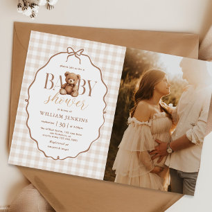 Elegant Gingham Teddy Bear Baby Shower Photo Invitation
