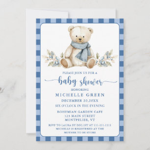 Elegant Gingham Teddy Bear Winter Baby Shower Invitation