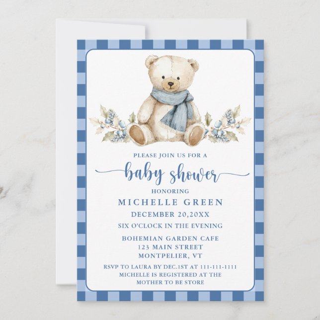 Elegant Gingham Teddy Bear Winter Baby Shower Invitation (Front)