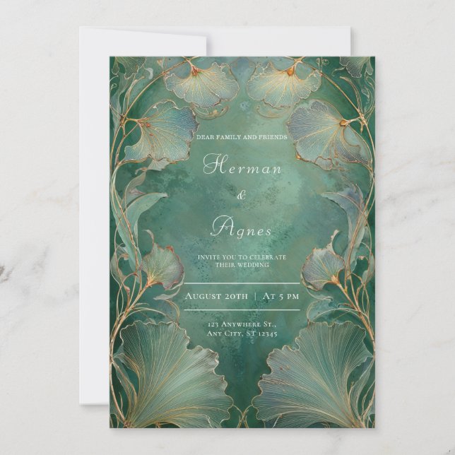 Elegant Ginkgo Leaf Art Nouveau Wedding Invitation (Front)