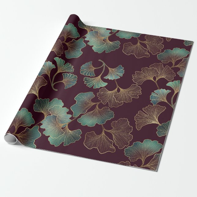 Elegant Ginkgo Leaf in Burgundy and Teal (1) Wrapping Paper (Unrolled)