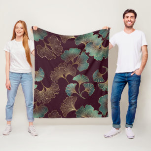 Elegant Ginkgo Leaf in Burgundy and Teal Fleece Blanket