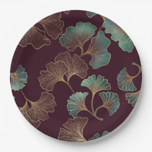 Elegant Ginkgo Leaf in Burgundy and Teal Paper Plate