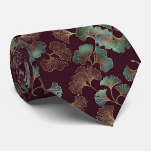 Elegant Ginkgo Leaf in Burgundy and Teal Tie