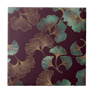 Elegant Ginkgo Leaf in Burgundy and Teal Tile