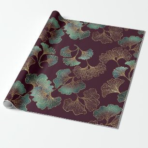 Elegant Ginkgo Leaf in Burgundy and Teal Wrapping Paper