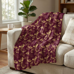 Elegant Ginkgo Leaf Pattern Burgundy Red Gold Fleece Blanket