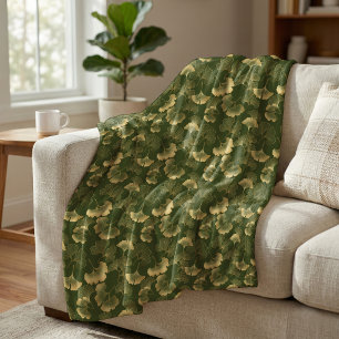 Elegant Ginkgo Leaf Pattern Olive Green Gold Fleece Blanket