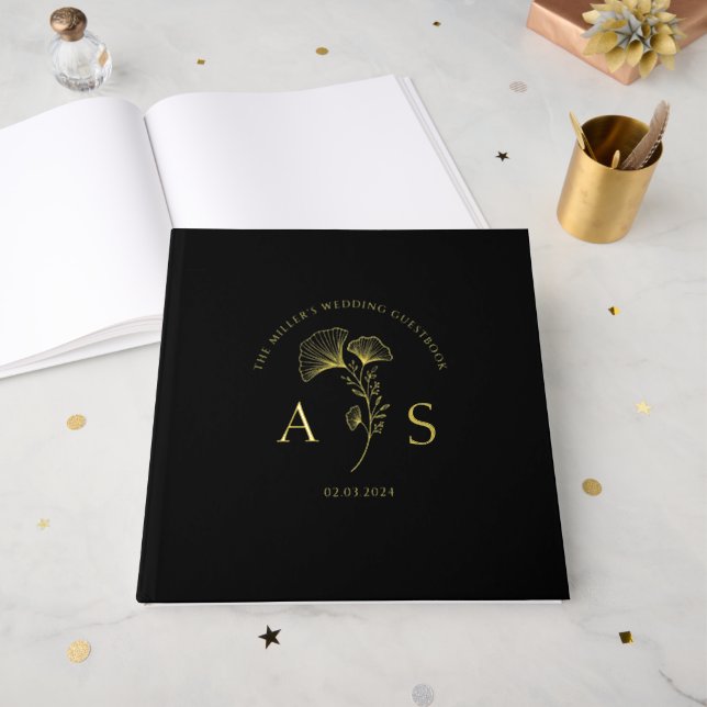 Elegant Ginkgo Leaves Floral Black Wedding Foil Guest Book (Front Open)