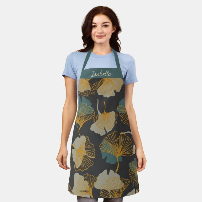 Elegant Ginkgo Leaves Pattern Autumn Personalised Apron (Worn)