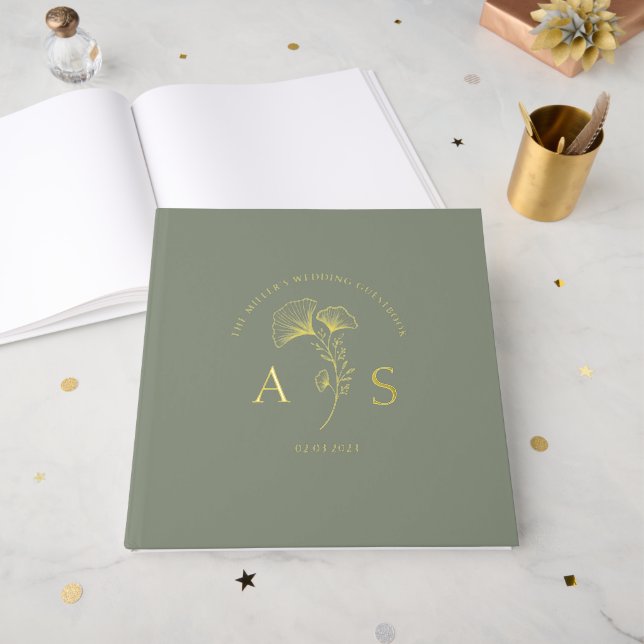 Elegant Ginkgo Leaves Sage Green Wedding Foil Guest Book (Front Open)