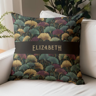 Elegant Ginkgo Pattern Monogram Name Jewel Tones Cushion