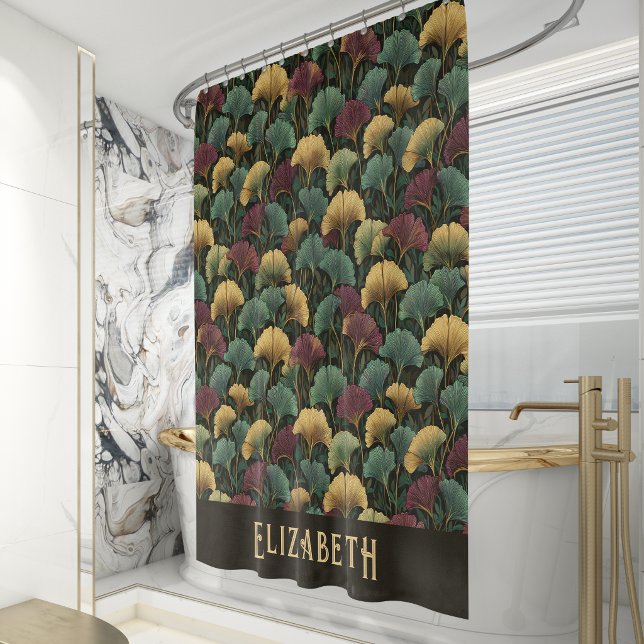 Elegant Ginkgo Pattern Monogram Name Jewel Tones Shower Curtain (Creator Uploaded)