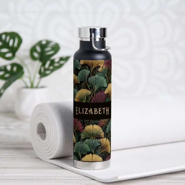 Elegant Ginkgo Pattern Monogram Name Jewel Tones Water Bottle (Yoga (Rotated))