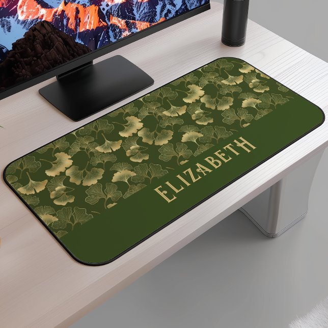 Elegant Ginkgo Pattern Name Olive Green Gold Desk Mat (Creator Uploaded)