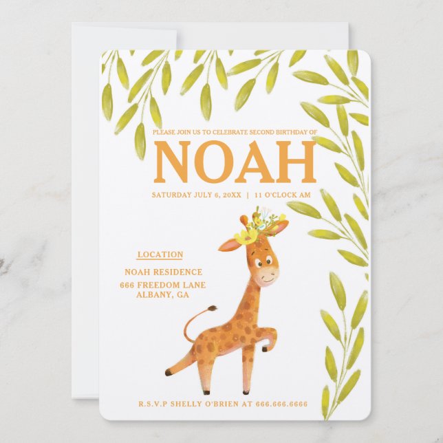 Elegant Giraffe Animals Safari Birthday Invitation (Front)