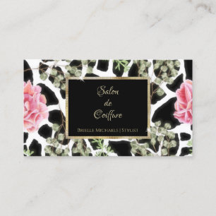 Elegant Giraffe Print Pink Roses Gold Frame Salon Business Card