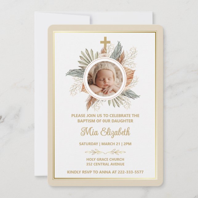 Elegant Girl Baptism Greenery Cross Photo  Invitat Invitation (Front)