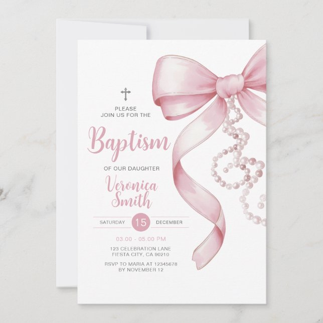 Elegant Girl Baptism Pink Bow Pearl Necklace Cross Invitation (Front)