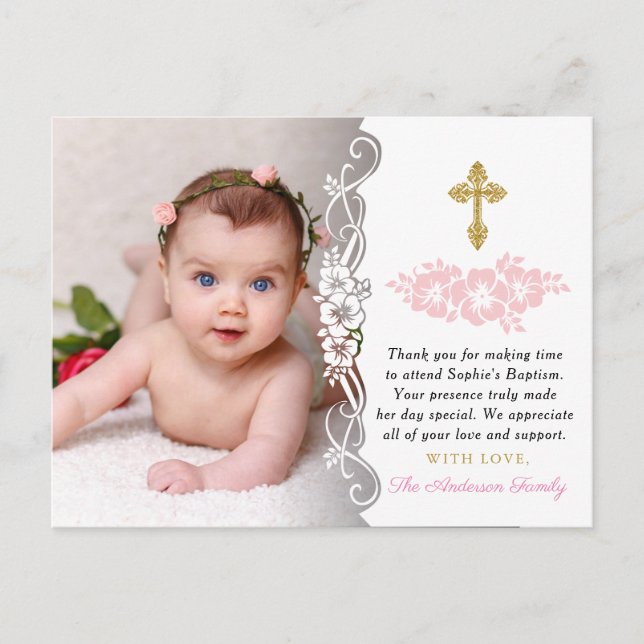 Elegant Girl Baptism Thank You Postcard (Front)