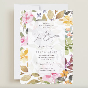 Elegant Girl Calligraphy Floral Frame Baptism Invitation