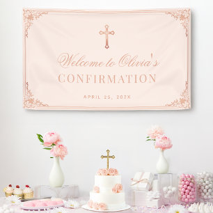 Elegant Girl Confirmation Pink Rose Gold Cross Banner