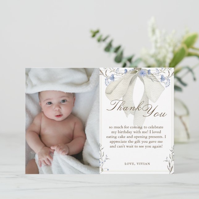 Elegant Girl Coquette Bow Photo Thank You Card (Standing Front)