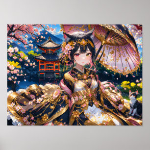 Elegant Girl in Traditional Attire with Sakura Blo Poster