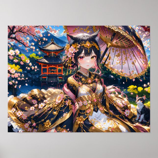 Elegant Girl in Traditional Attire with Sakura Blo Poster (Front)
