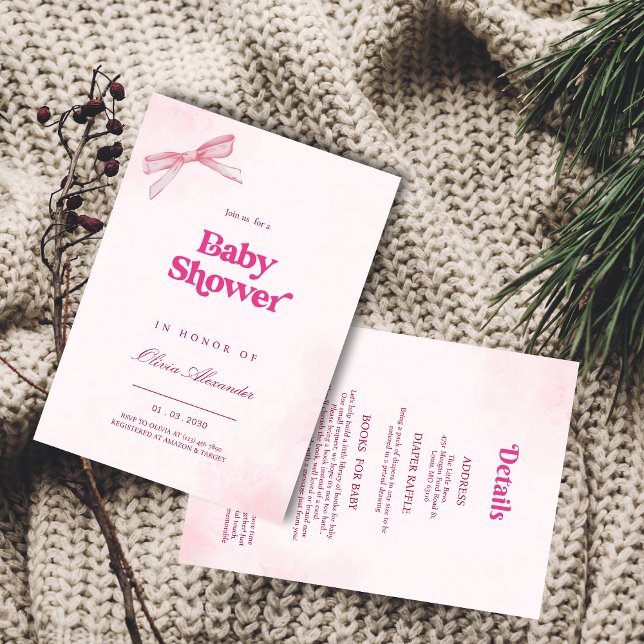 Elegant Girl Pink Bow Baby Shower Invitation (Creator Uploaded)