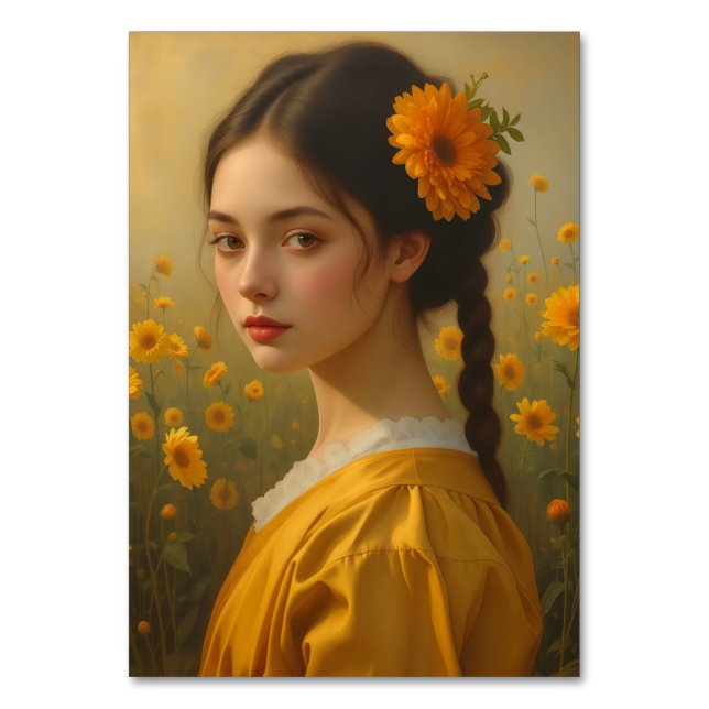 Elegant Girl Portrait Among Sunflowers Table Number (Front)