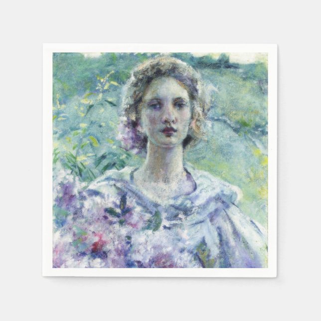 Elegant Girl with Purple Flowers (by Robert Reid) Napkin (Front)