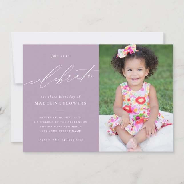 Elegant Girls Birthday Lavender Purple Photo Invitation (Front)