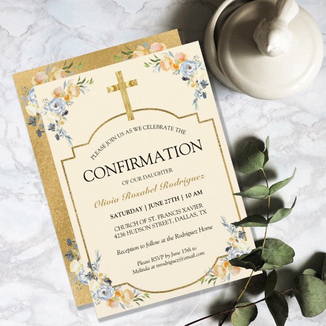 Elegant Girls Butter Cream Floral Confirmation Invitation (ELEGANT GIRLS BUTTER CREAM FLORAL CONFIRMATION INVITATION)