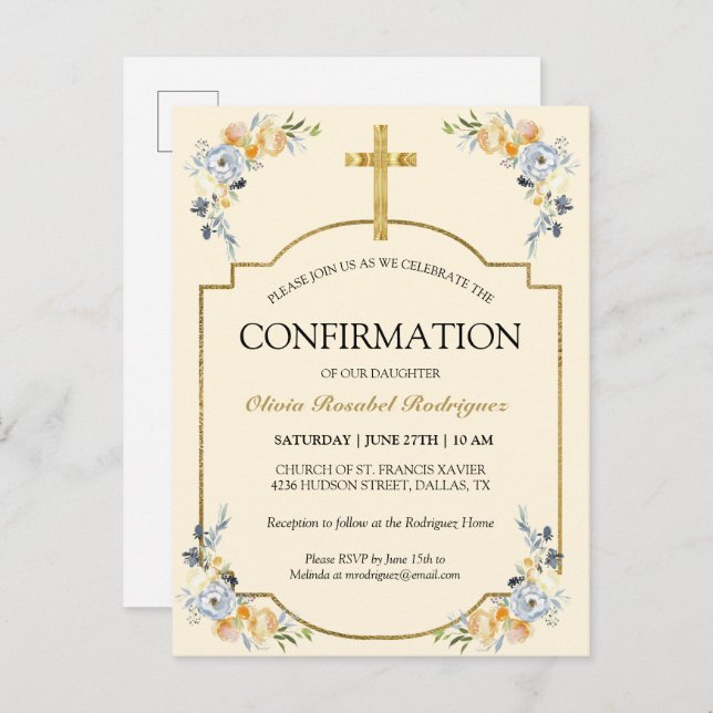 Elegant Girls Butter Cream Floral Confirmation Invitation Postcard (Front/Back)