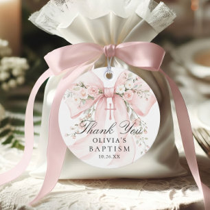 Elegant Girl's Christian Baptism Pink Floral Bow Favour Tags