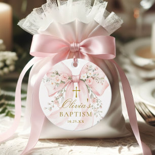 Elegant Girl's Christian Baptism Pink Floral Bow Favour Tags