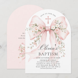 Elegant Girl's Christian Baptism Pink Floral Bow Invitation