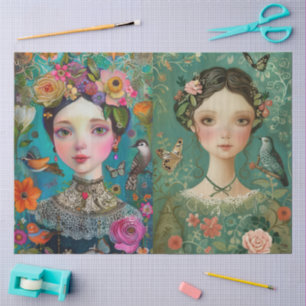 Elegant Girls Colorful Floral Decoupage Collage Tissue Paper