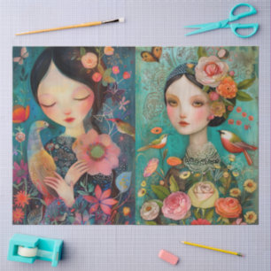 Elegant Girls Colourful Floral Decoupage Collage Tissue Paper
