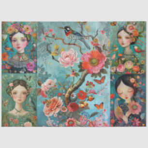 Elegant Girls Colourful Floral Decoupage Collage Tissue Paper