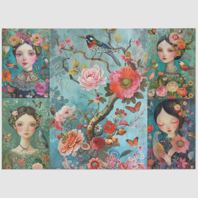 Elegant Girls Colourful Floral Decoupage Collage Tissue Paper (Front)