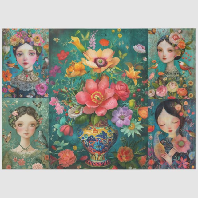 Elegant Girls Colourful Floral Decoupage Collage Tissue Paper (Front)