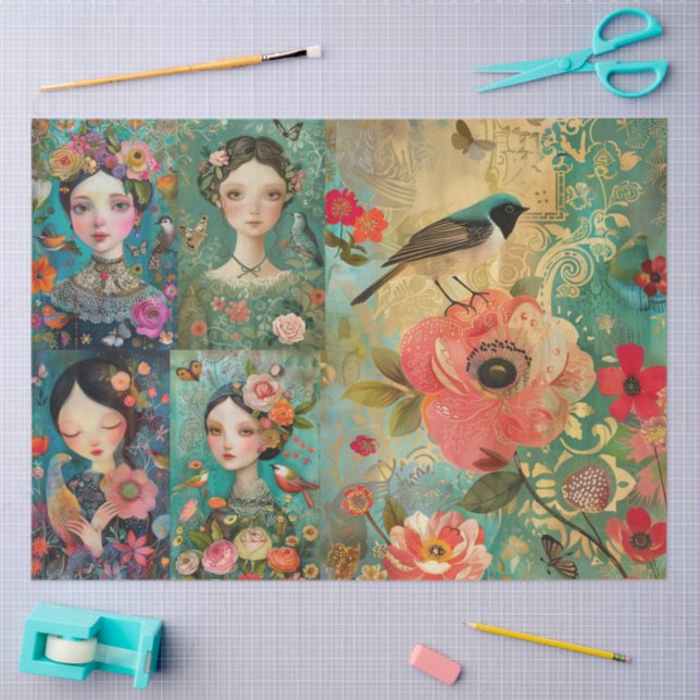 Elegant Girls Colourful Floral Decoupage Collage Tissue Paper (Craft)